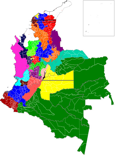 Mapa de Colombia, con 32 departamentos con igual población. Los "Nuevos" departamentos están diferenciados por colores, mientras que aún es posible ver las fronteras de los "Antiguos". Cada uno de los "nuevos" departamentos tiene una población de 1'500.000 habitantes.