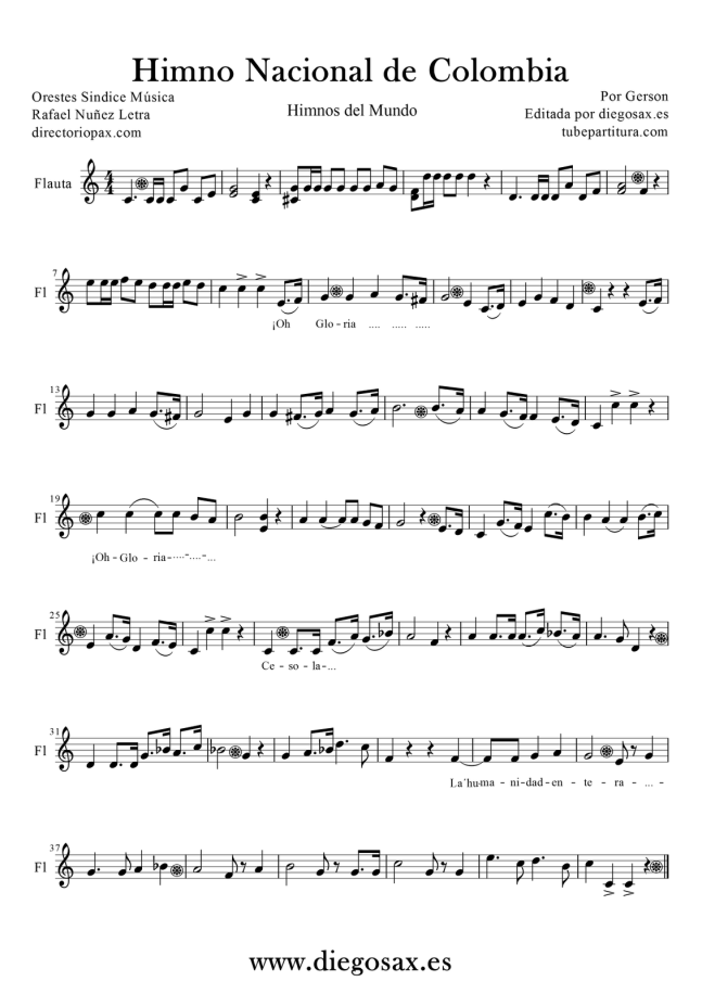Himno de Nacional de Colombia Partitura para Flauta Travesera, de pico y dulce-1
