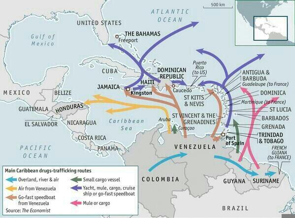 Rutas del narcotráfico que pasan por Venezuela.